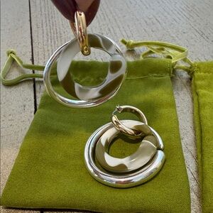 Tory Burch Silver and Cream/olive Hoop Earrings